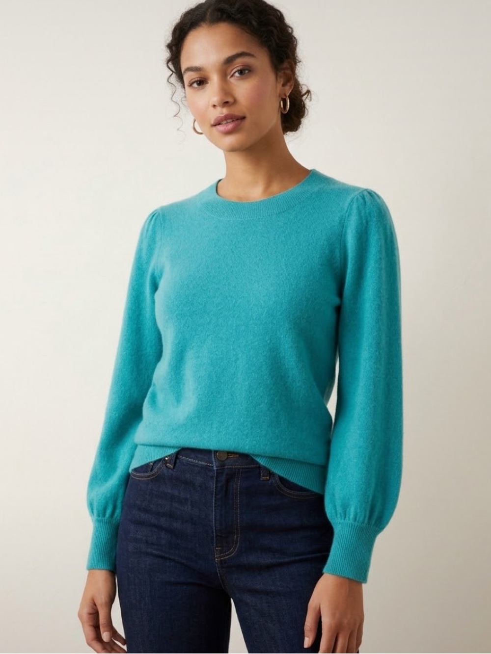 Charter Club Cashmere Teal Puff-Sleeve Crewneck Sweater Size L